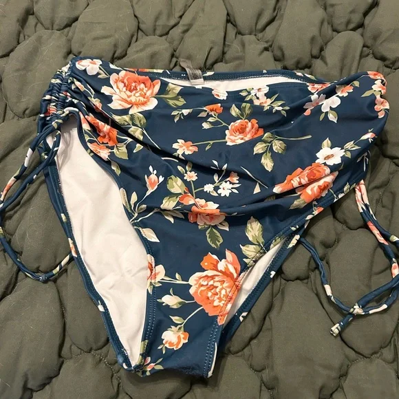 Floral High-Waisted Bikini Bottoms Only- Orange and Blue - Picture 2 of 3